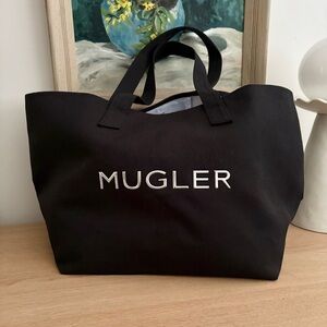 MUGLER Black Tote Bag Large Metallic Embossed Logo NWOT